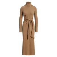 Tie-Front Rib-Knit Turtleneck Midi Dress