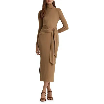 Tie-Front Rib-Knit Turtleneck Midi Dress