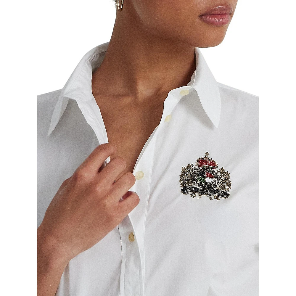 Chemise en mélange de coton extensible à écusson orné perles