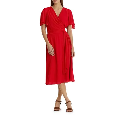 Georgette Flutter-Sleeve Fit-and-Flare Dress