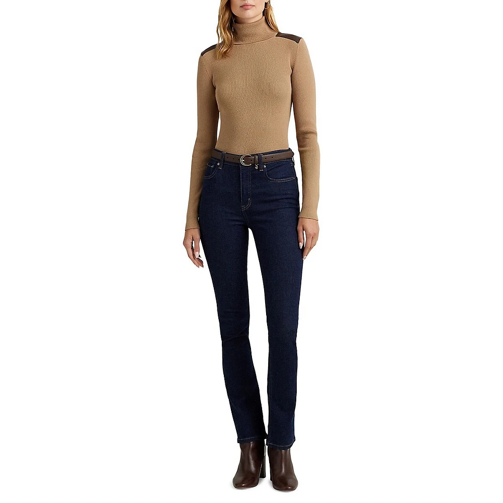 Faux Leather—Trim Ribbed Turtleneck