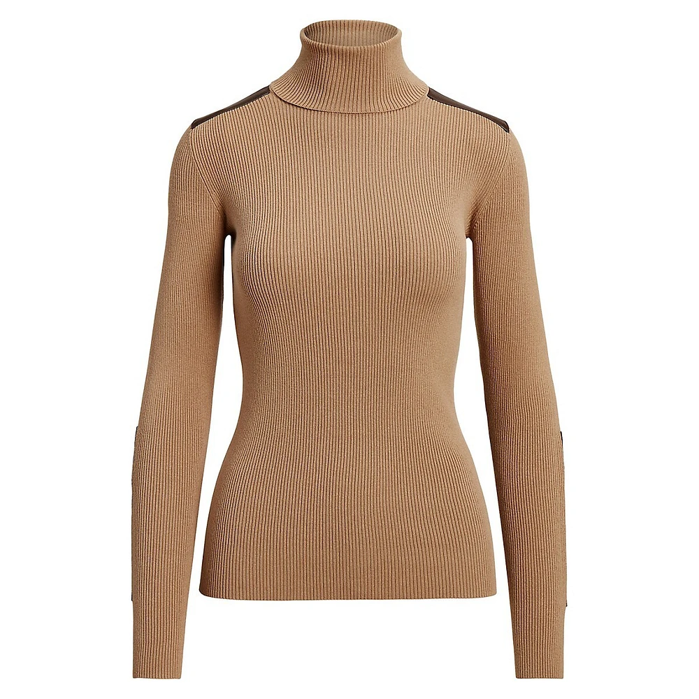 Faux Leather—Trim Ribbed Turtleneck