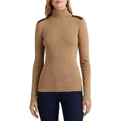Faux Leather—Trim Ribbed Turtleneck