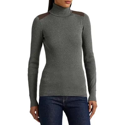 Faux Leather—Trim Ribbed Turtleneck