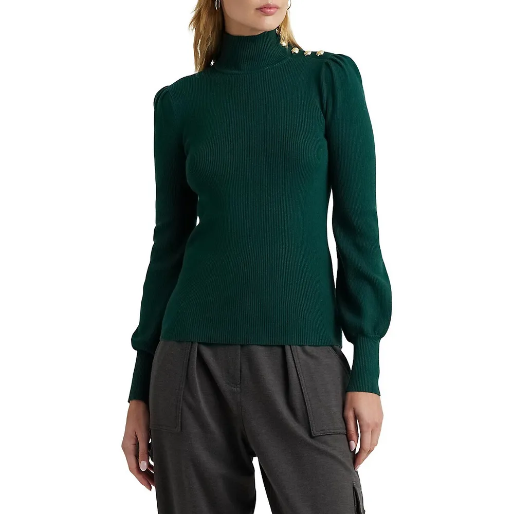 Lauren Ralph Lauren Button-Trim Ribbed Mockneck Sweater
