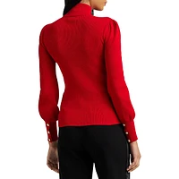 Button-Trim Ribbed Mockneck Sweater