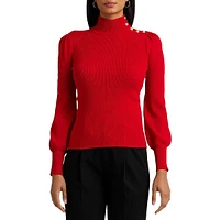 Button-Trim Ribbed Mockneck Sweater