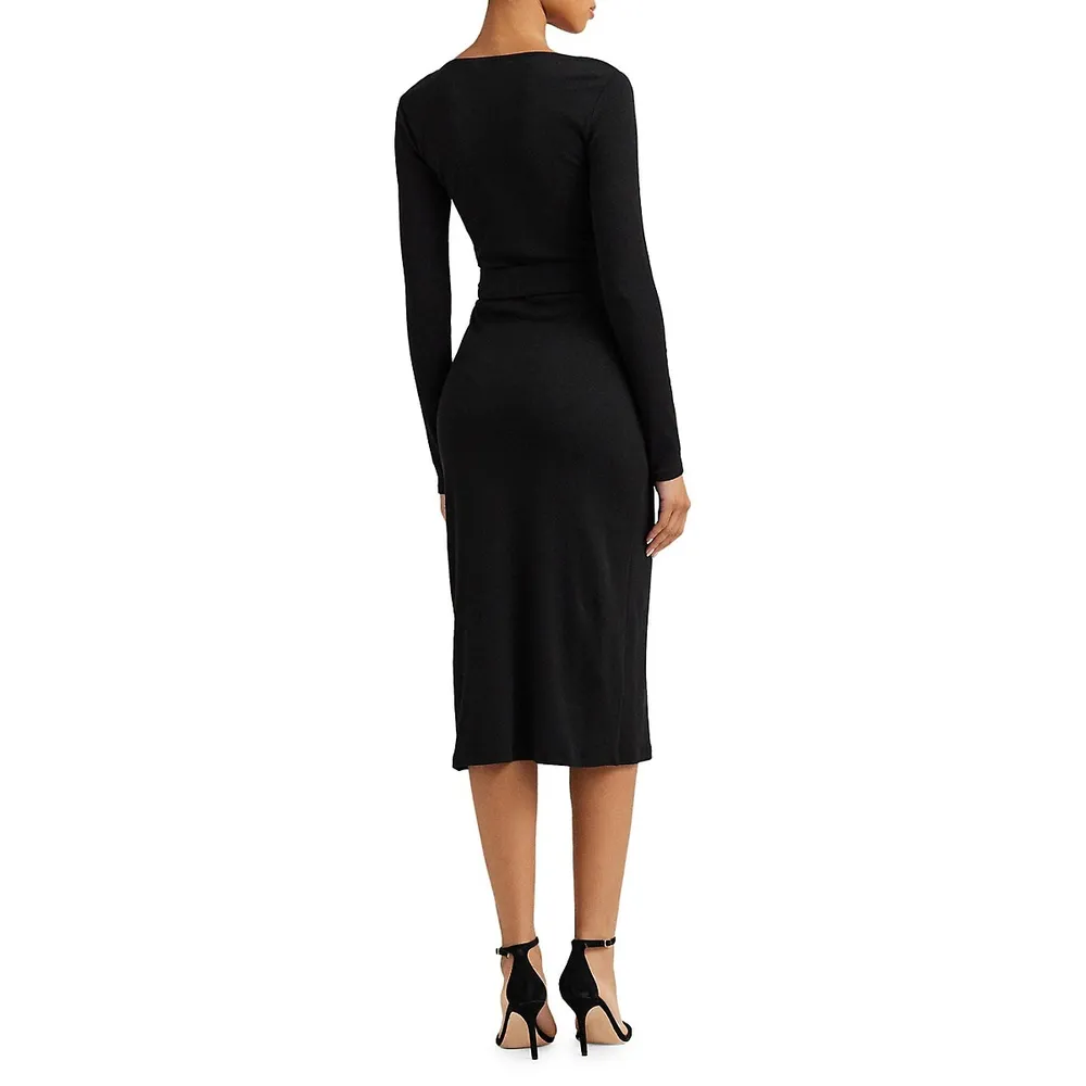 Tied Rib-Knit Buttoned Midi Dress