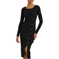 Tied Rib-Knit Buttoned Midi Dress