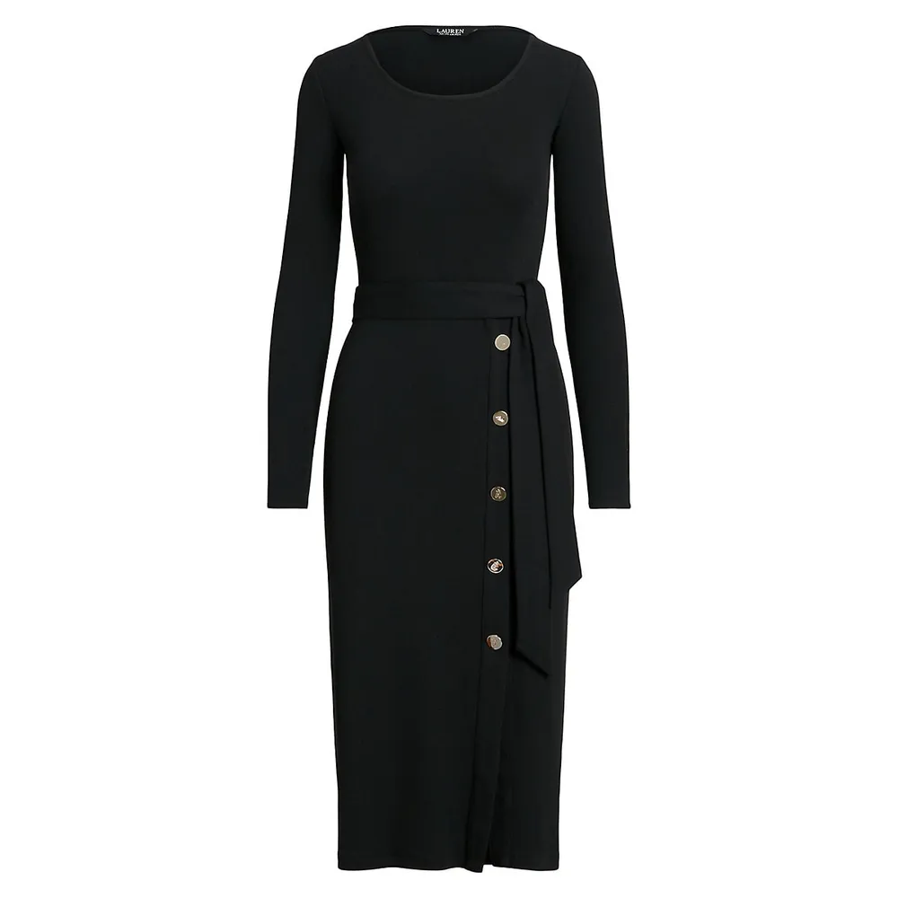 Tied Rib-Knit Buttoned Midi Dress