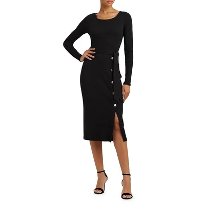 Tied Rib-Knit Buttoned Midi Dress
