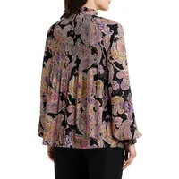 Paisley-Print Sunray-Pleat Tie-Neck Blouse