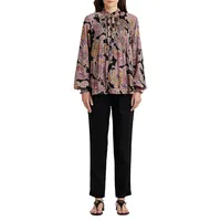 Paisley-Print Sunray-Pleat Tie-Neck Blouse