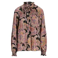 Paisley-Print Sunray-Pleat Tie-Neck Blouse