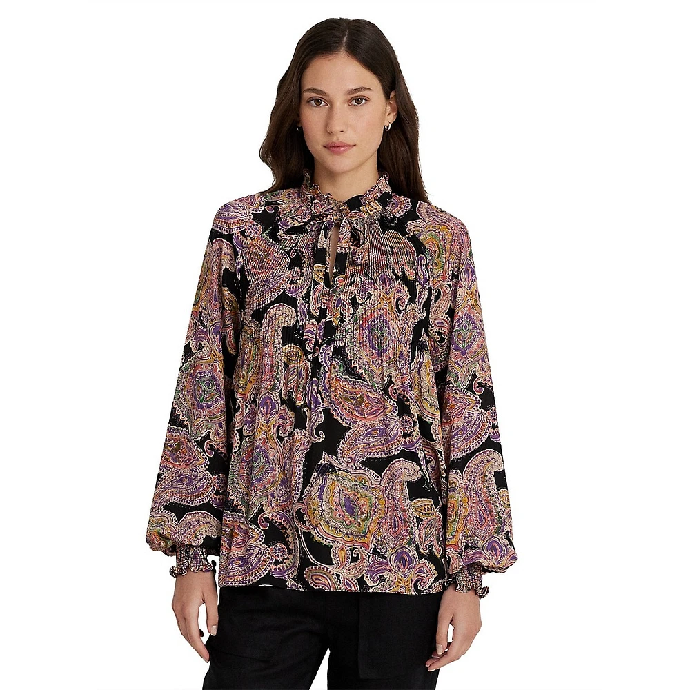 Paisley-Print Sunray-Pleat Tie-Neck Blouse