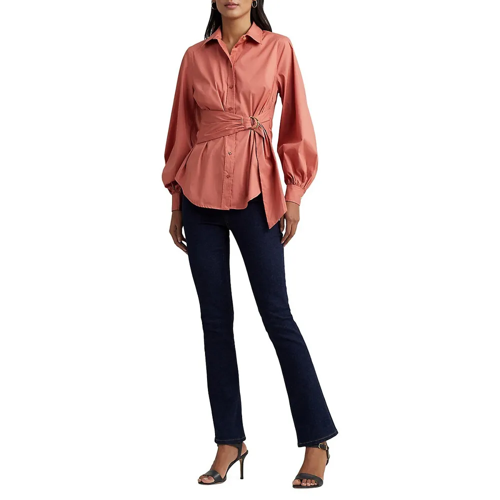 Tied Blouson-Sleeve Stretch Shirt