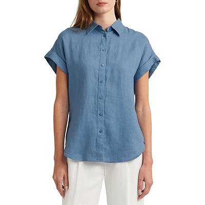 Linen Short Cuff-Sleeve Collared Shirt