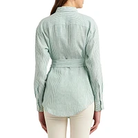 Striped Linen Roll-Tab Sleeve Belted Shirt