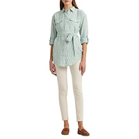 Striped Linen Roll-Tab Sleeve Belted Shirt