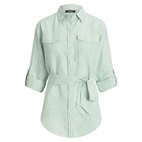 Striped Linen Roll-Tab Sleeve Belted Shirt