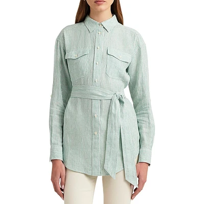Striped Linen Roll-Tab Sleeve Belted Shirt