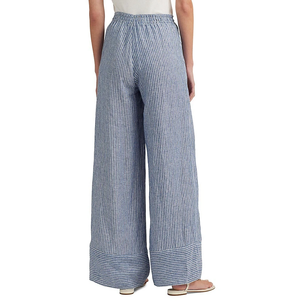 Pantalon large à fines rayures en lin avec cordon de serrage
