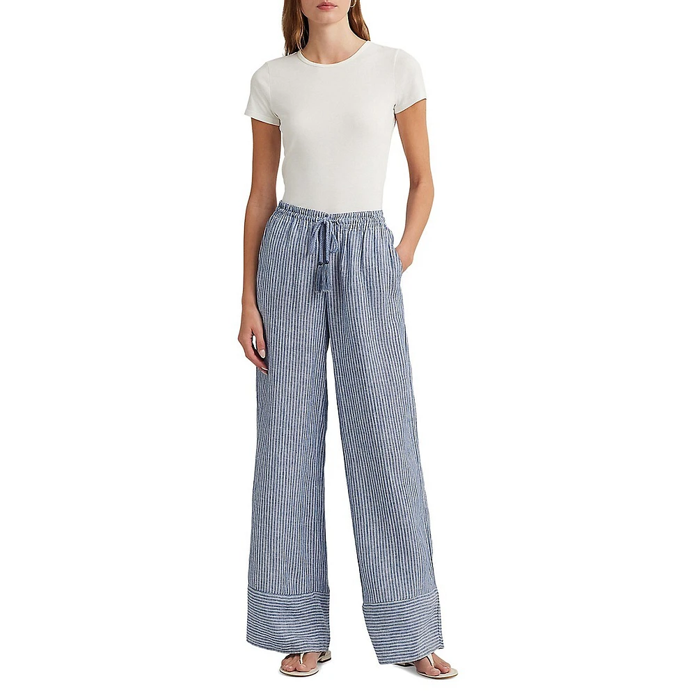 Pantalon large à fines rayures en lin avec cordon de serrage