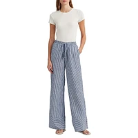 Pantalon large à fines rayures en lin avec cordon de serrage