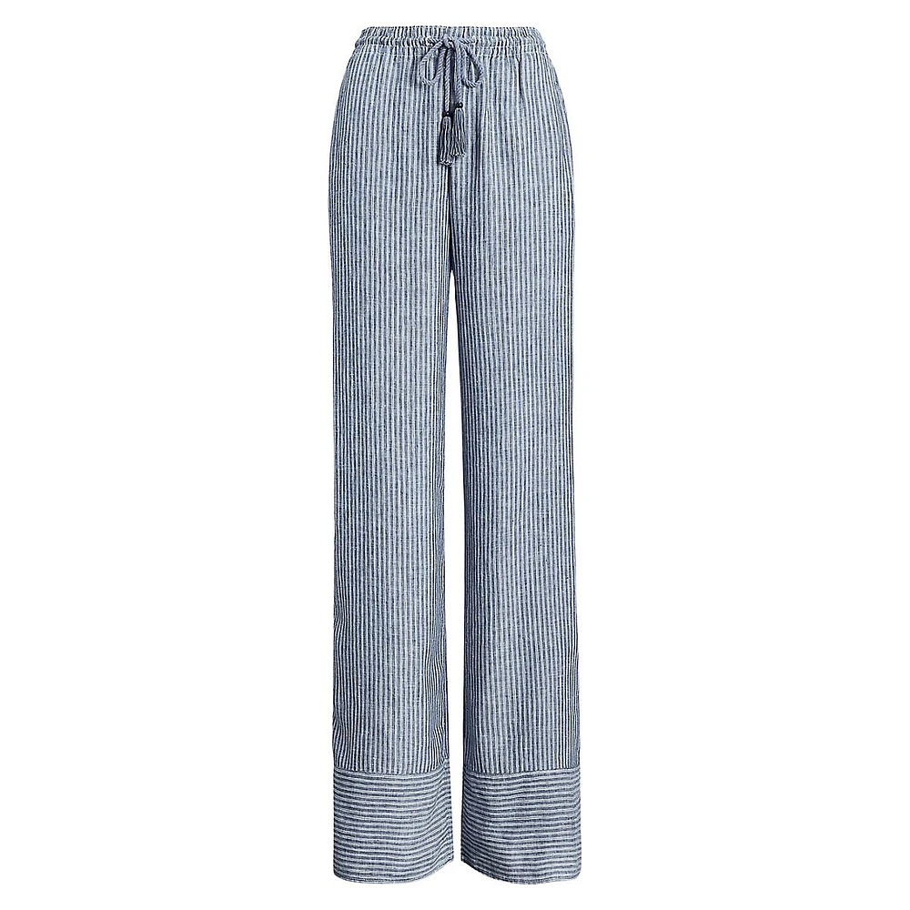 Pantalon large à fines rayures en lin avec cordon de serrage