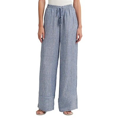 Pantalon large à fines rayures en lin avec cordon de serrage