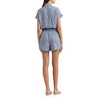 Striped Linen Short-Sleeve Drawstring Romper