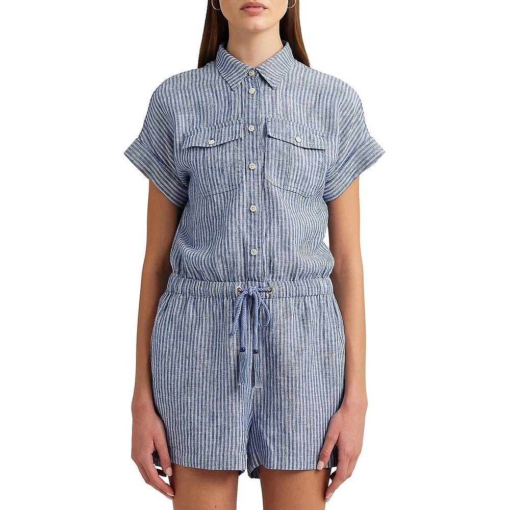 Striped Linen Short-Sleeve Drawstring Romper