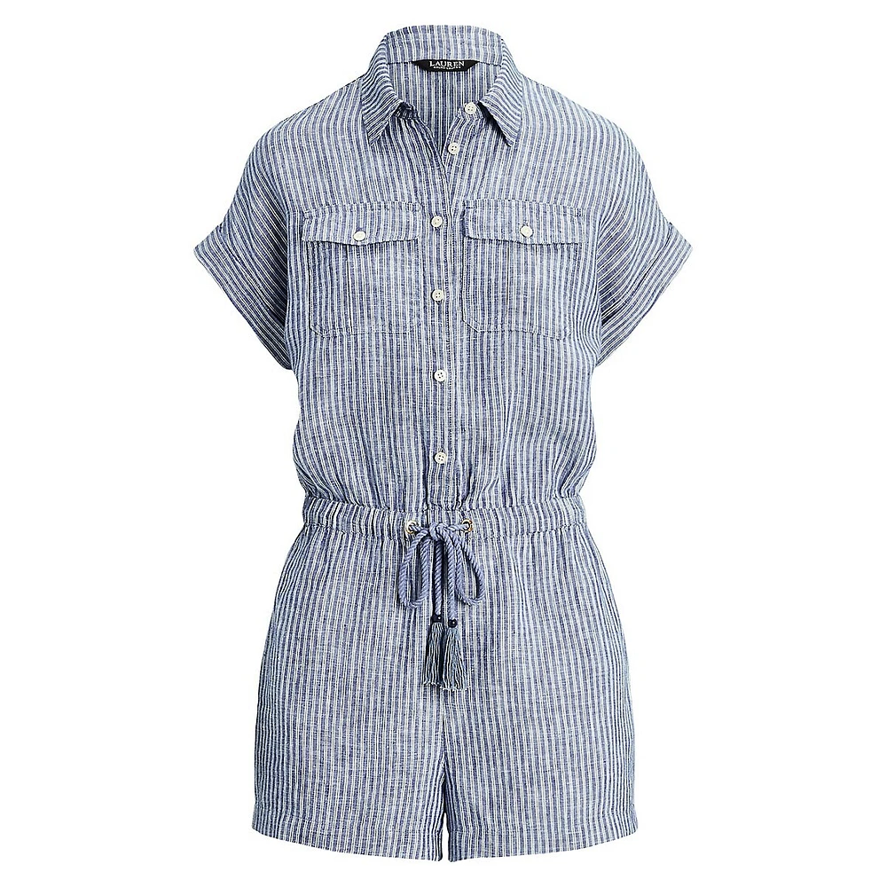 Striped Linen Short-Sleeve Drawstring Romper