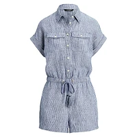 Striped Linen Short-Sleeve Drawstring Romper