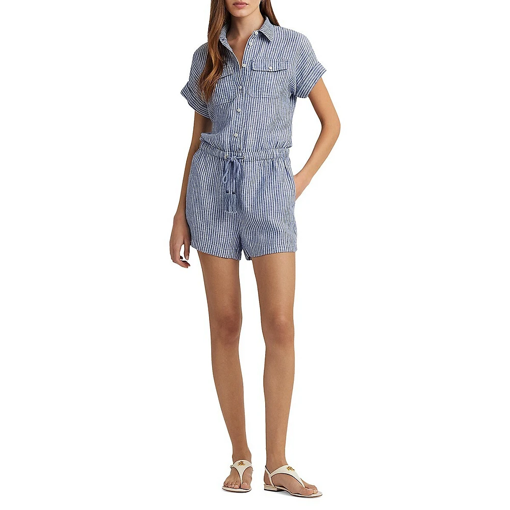 Striped Linen Short-Sleeve Drawstring Romper