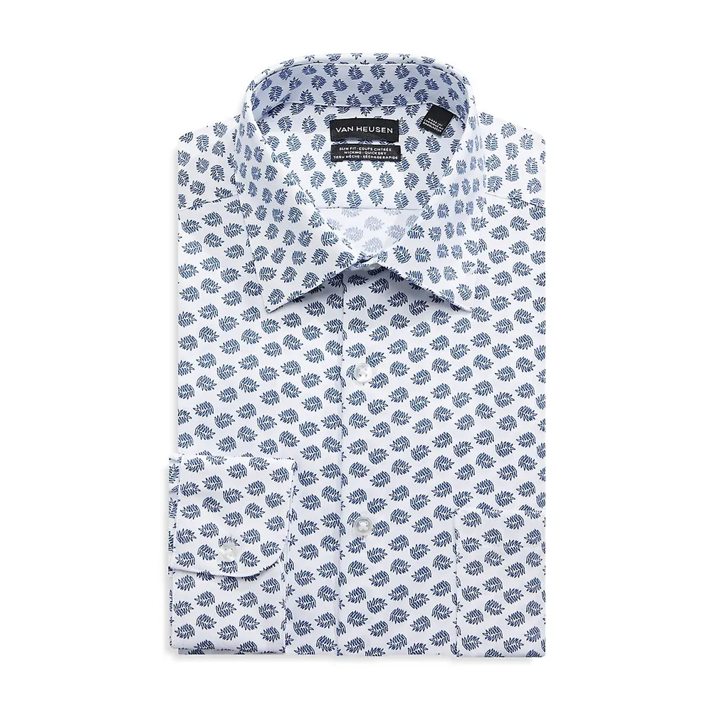 Performance Knit Moisture-Wicking Quick-Dry Slim-Fit Leaf-Print Dress Shirt