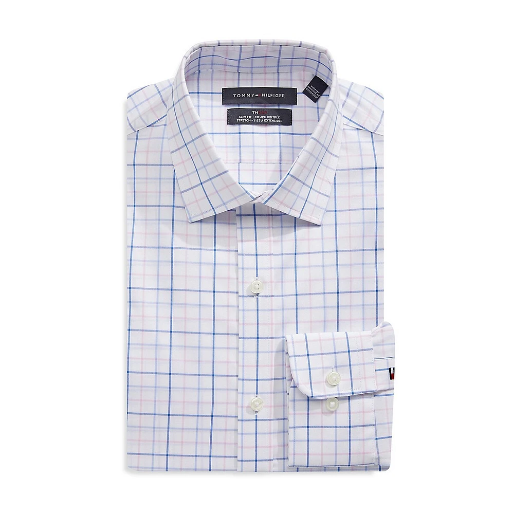 Slim-Fit Stretch-Cotton Windowpane Check Dress Shirt