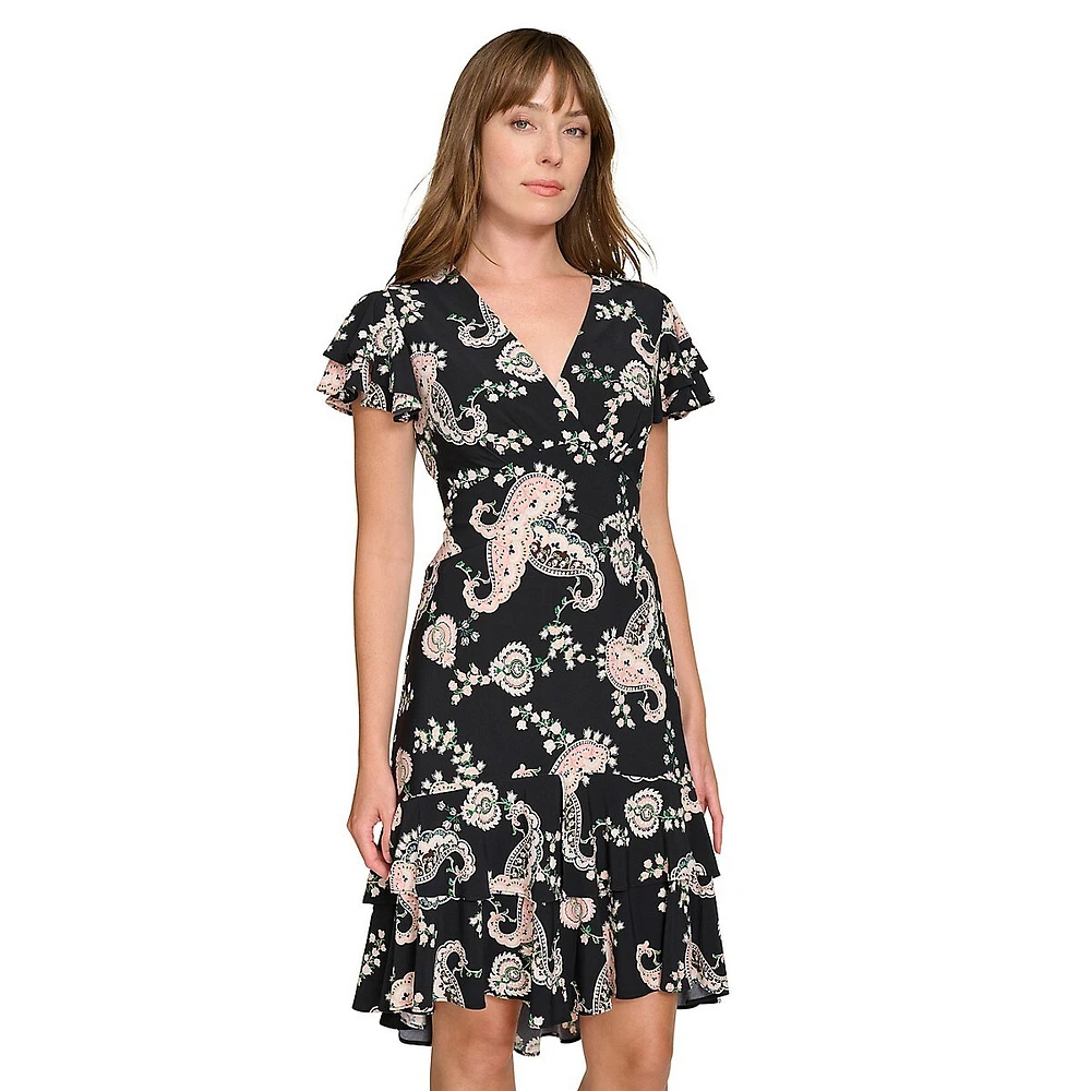 Posey Paisley Jersey-Knit Surplice Empire Flutter Dress