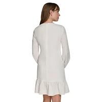 Textured-Knit Balloon-Sleeve Drop-Waist Shift Dress