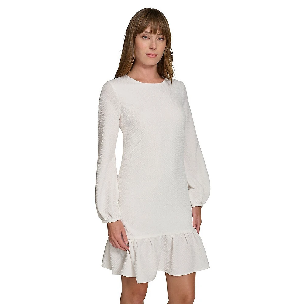 Textured-Knit Balloon-Sleeve Drop-Waist Shift Dress