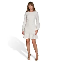 Textured-Knit Balloon-Sleeve Drop-Waist Shift Dress