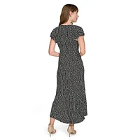 Abstract-Dot Flutter-Sleeve V-Neck Midi Empire Dress