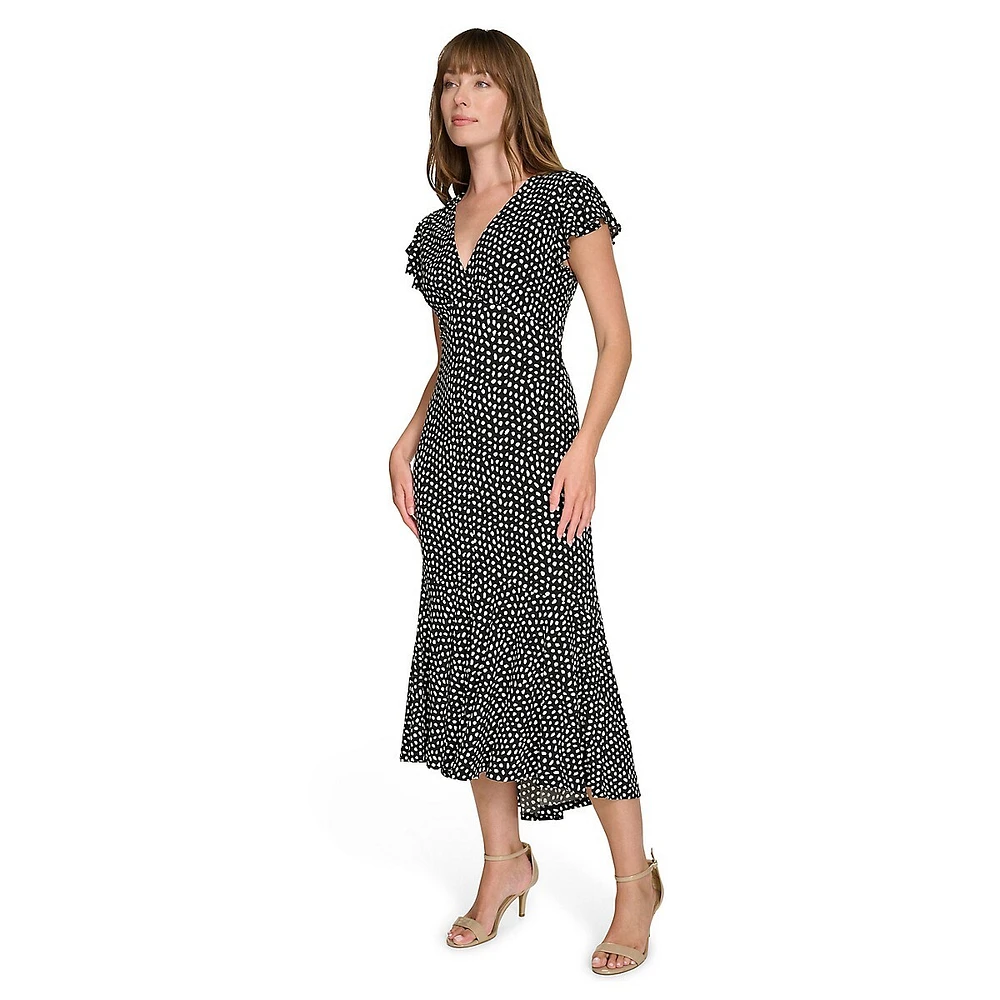 Abstract-Dot Flutter-Sleeve V-Neck Midi Empire Dress