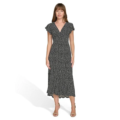 Abstract-Dot Flutter-Sleeve V-Neck Midi Empire Dress