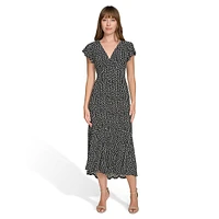 Abstract-Dot Flutter-Sleeve V-Neck Midi Empire Dress