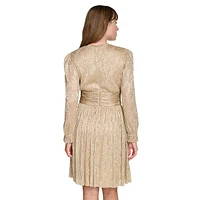 V-Neck Twist-Waist Gilded Mesh Dress