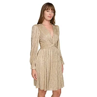 V-Neck Twist-Waist Gilded Mesh Dress