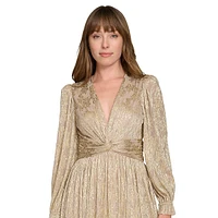 V-Neck Twist-Waist Gilded Mesh Dress