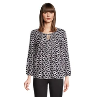 Heart Lock-Print Pintuck Blouse