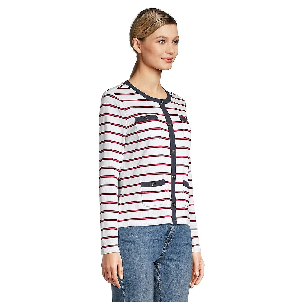 Finely-Ribbed Striped Cardigan